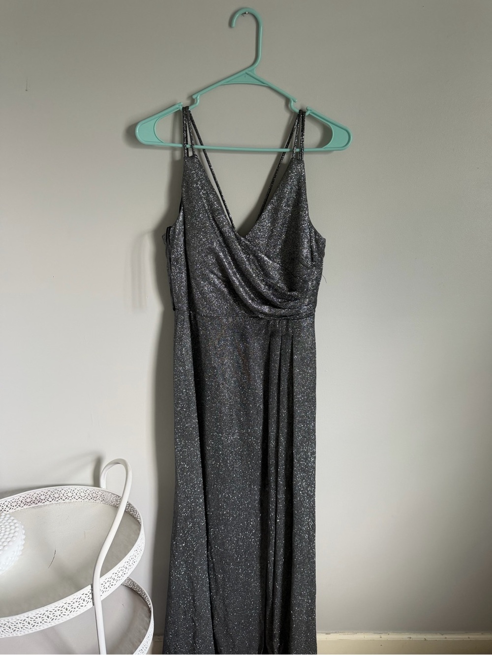 Night Way Collections Gunmetal Sparkle V-Neck Maxi Dress